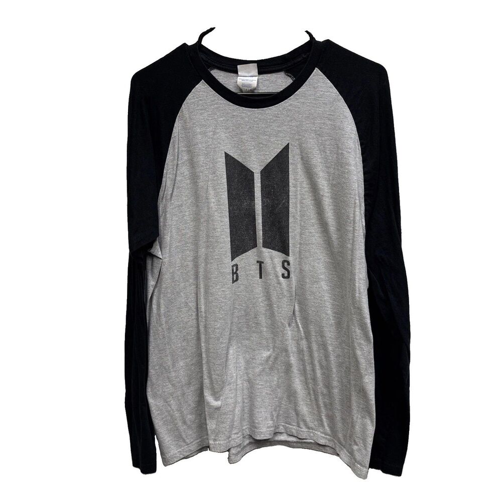 BTS K Pop Music Band Concert Gray Black Raglan Graphic T Shirt L Cotton Blend